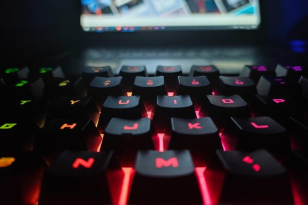 a keyboard with a red light