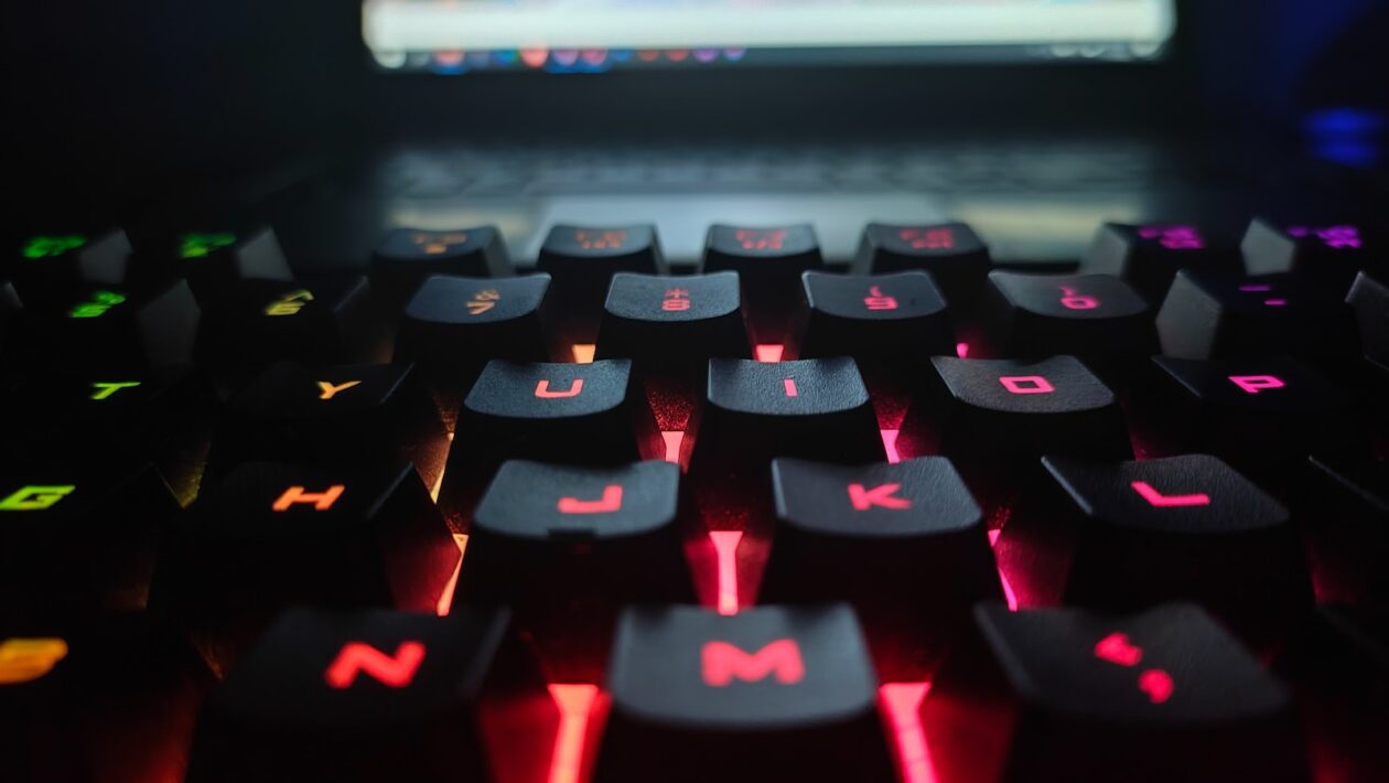 a keyboard with a red light